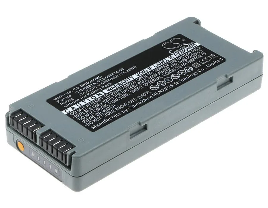 Rectangular medical battery pack, matte grey plastic casing, label with Cameron Sino branding and model list