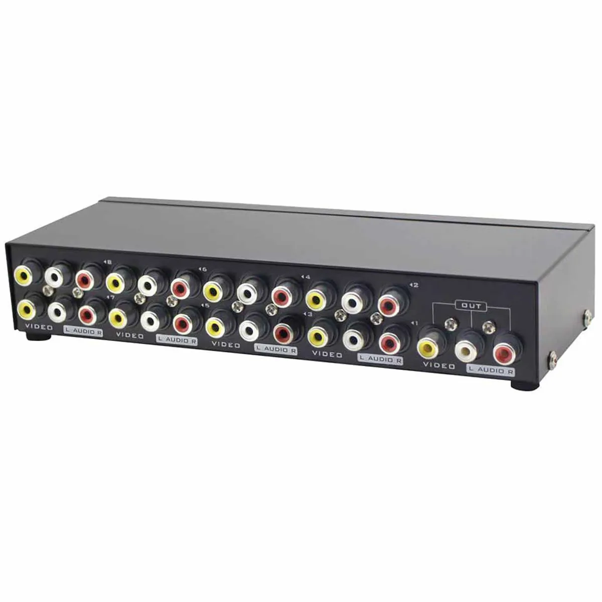 Rectangular metal box with eight push buttons and rows of yellow white red RCA ports