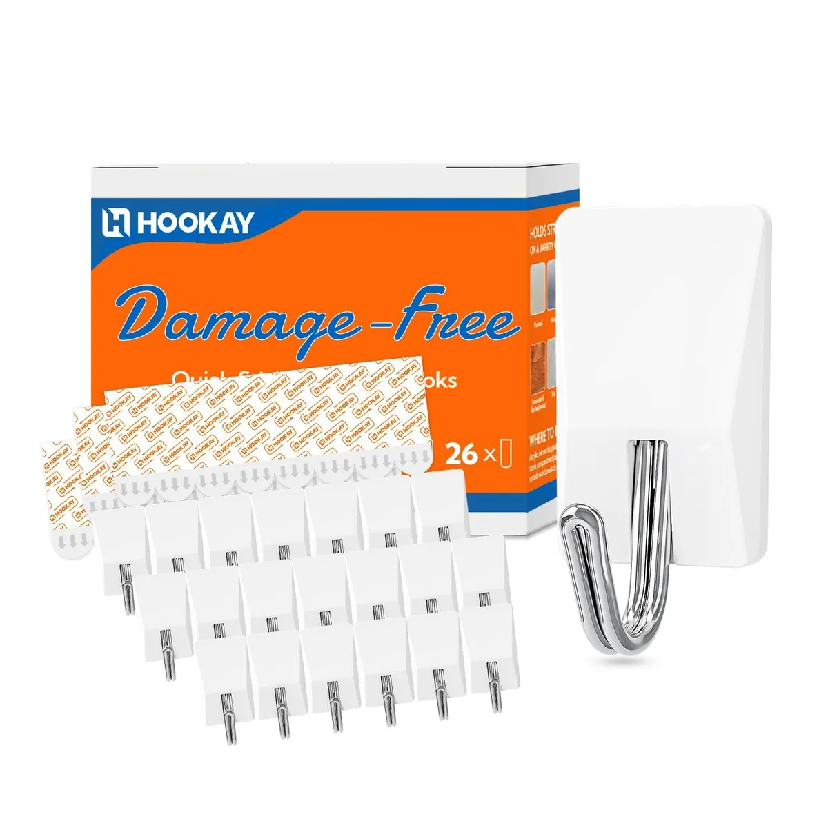 Sixteen small wire toggle hooks with twenty-four adhesive strips on a backing card