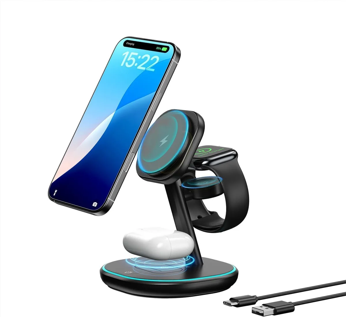 KINGARD KINGARD 3-in-1 Wireless Charger 15W iPhone 16/15/14/13/12 Watch AirPods Black — product photo