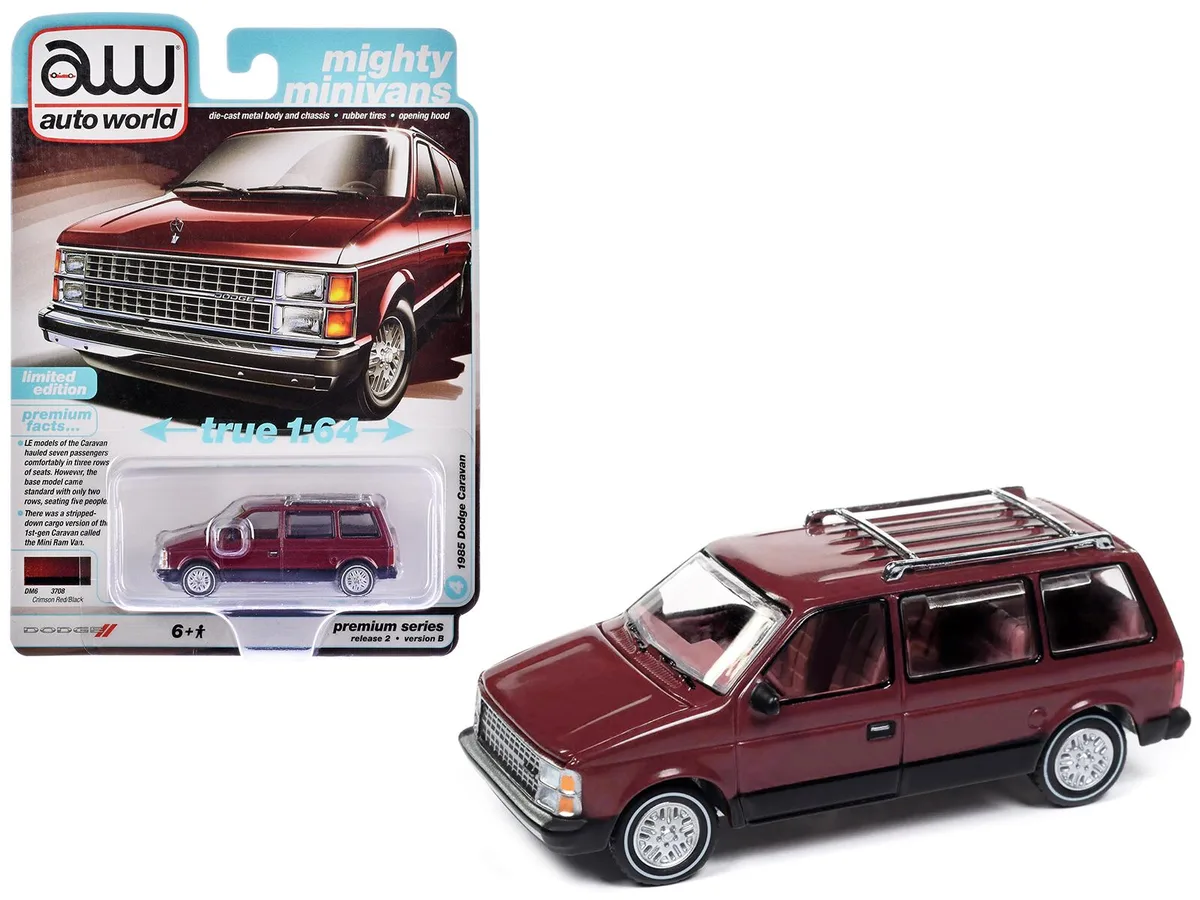 auto world Auto World 1985 Dodge Caravan Van Crimson Red Black Mighty Minivans 1/64 Diecast Hobby Collectible — product photo