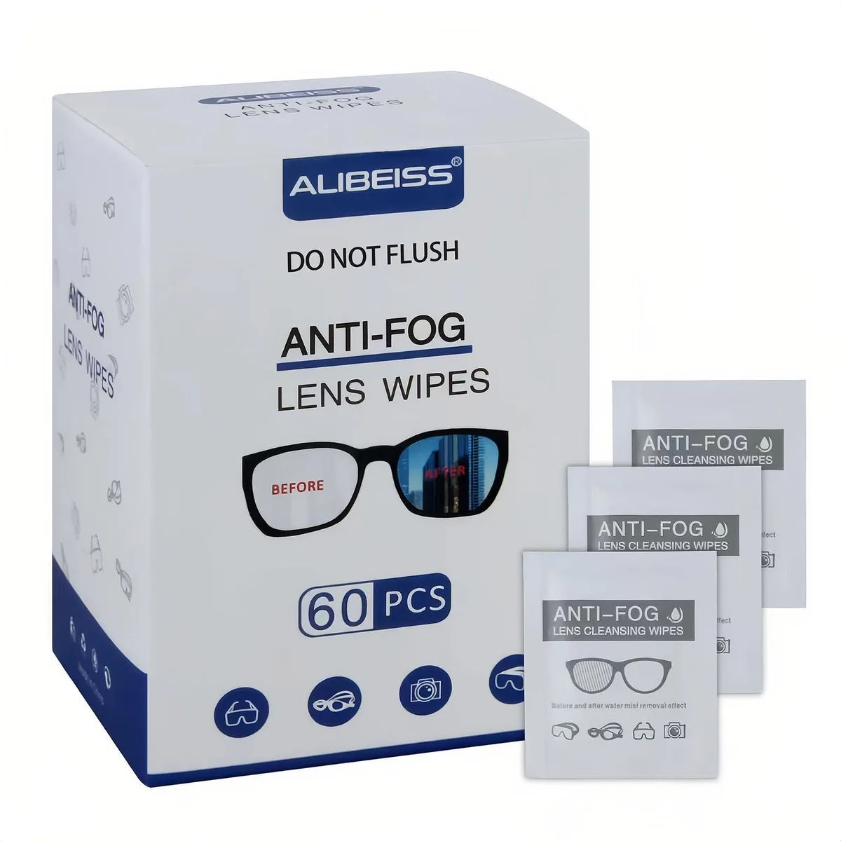 Box of 60 individually wrapped anti-fog lens wipes