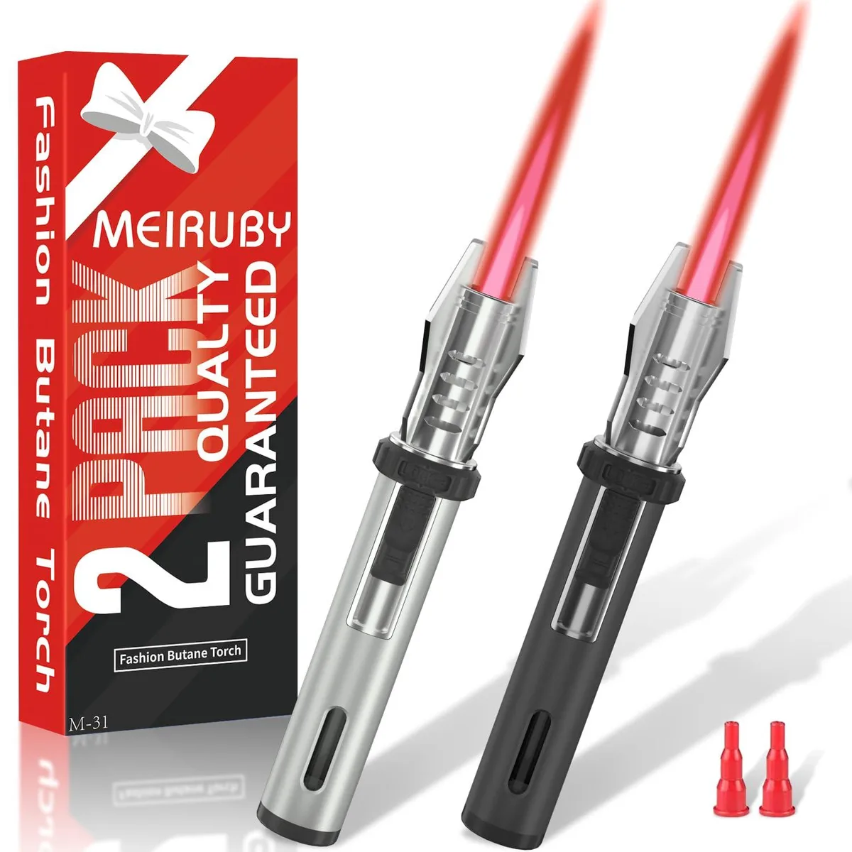 Two black stainless steel mini LED flashlights in a pack