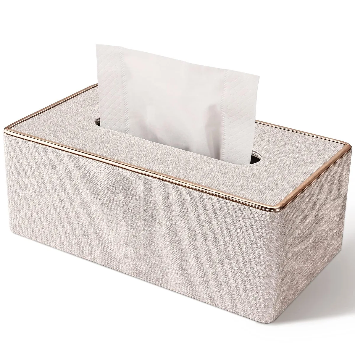 Beige rectangular PU leather tissue box cover with stitched edges and magnetic bottom closure