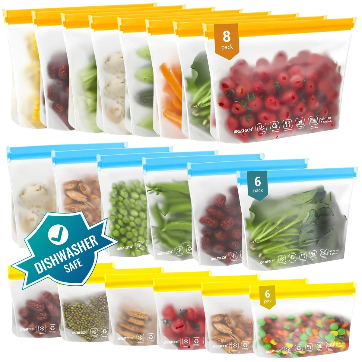 Pack of 20 multi-colour PEVA reusable bags with zipper closures