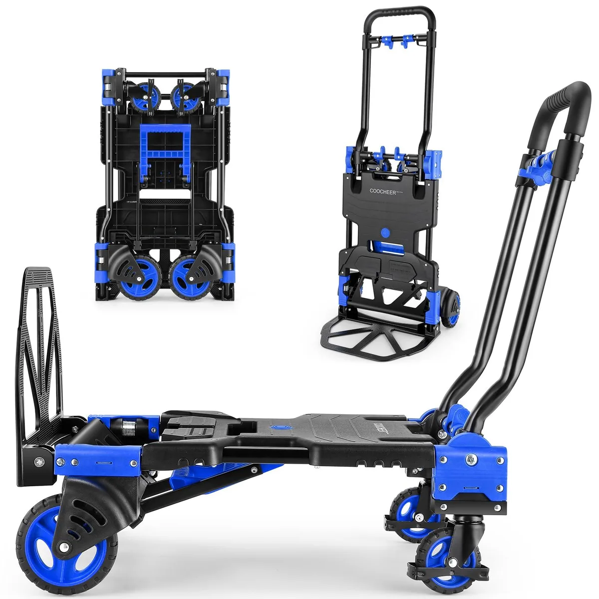  COOCHEER 330LB Folding Hand Truck Convertible Dolly Blue 4 Wheel 5 Inch 330 LBS 18 Pounds — product photo