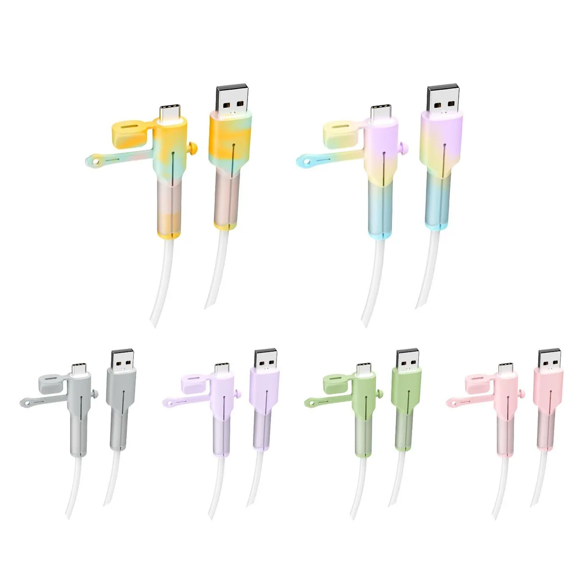 Six small black silicone cable protectors with self-adhesive backing