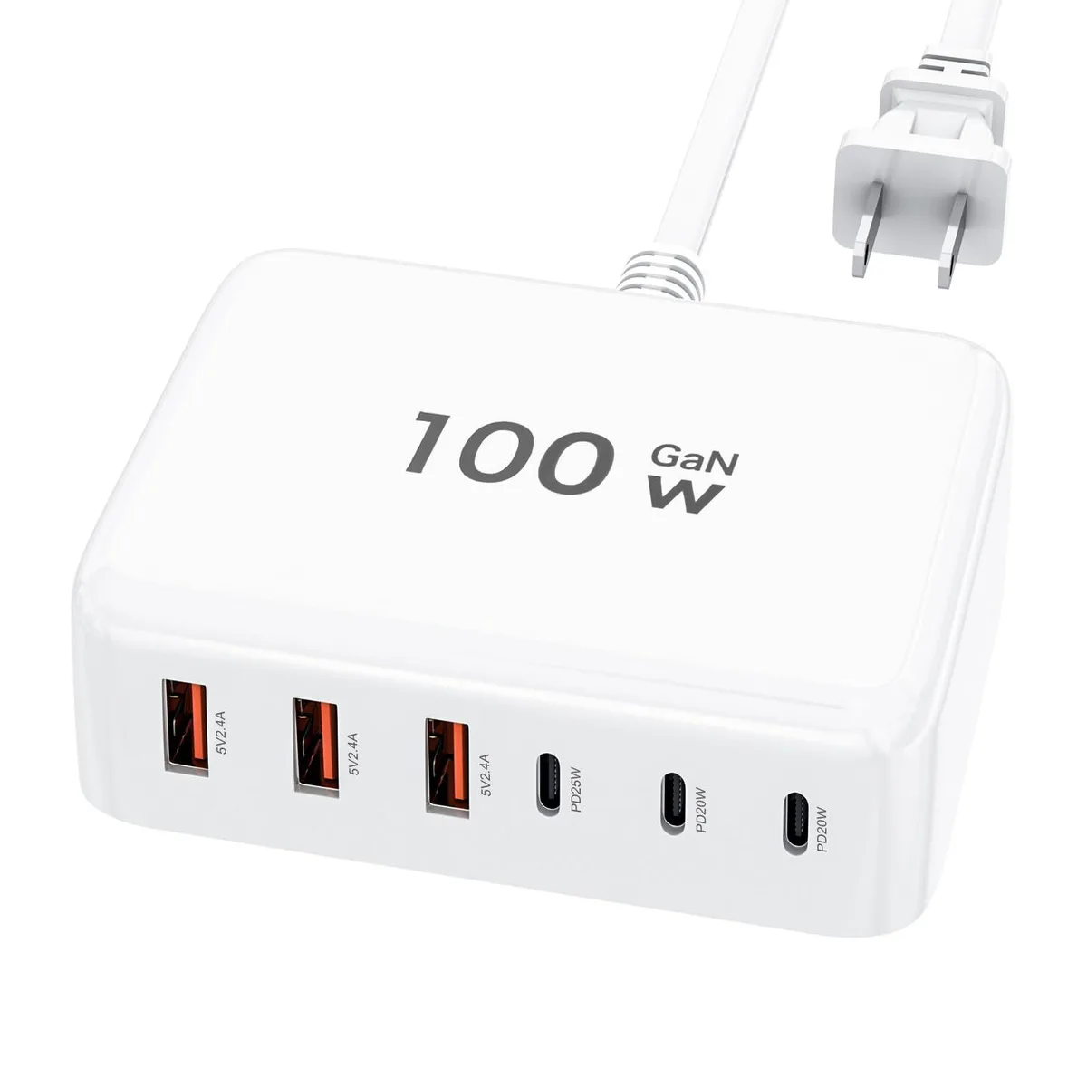 Compact 100W GaN charger with three USB-C and three USB-A ports, 5ft AC cable