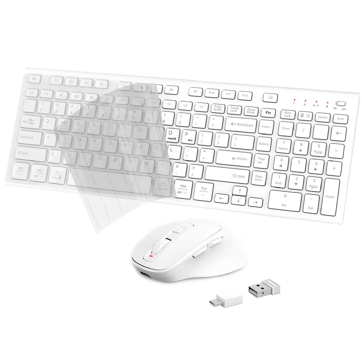 White wireless keyboard and mouse set with silicone cover and numeric keypad