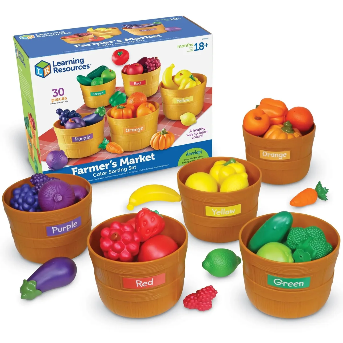 Five baskets and 25 plastic fruit and vegetable pieces in five colors