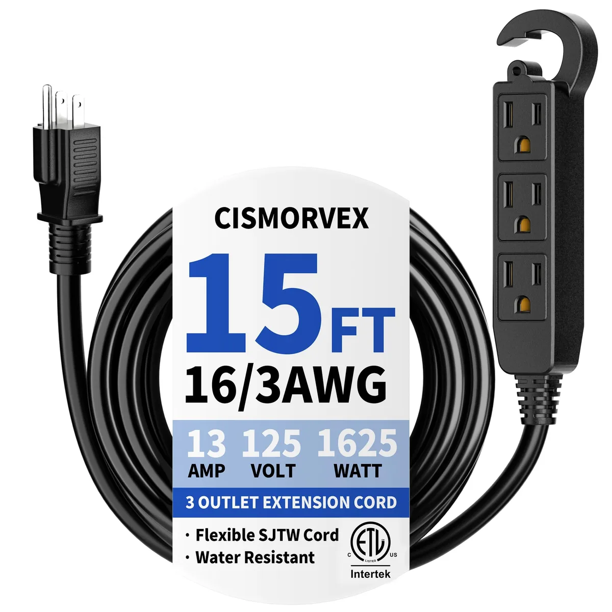  cismorvex 15 ft 16/3 SJTW 3-Outlet Outdoor Extension Cord, Black — product photo