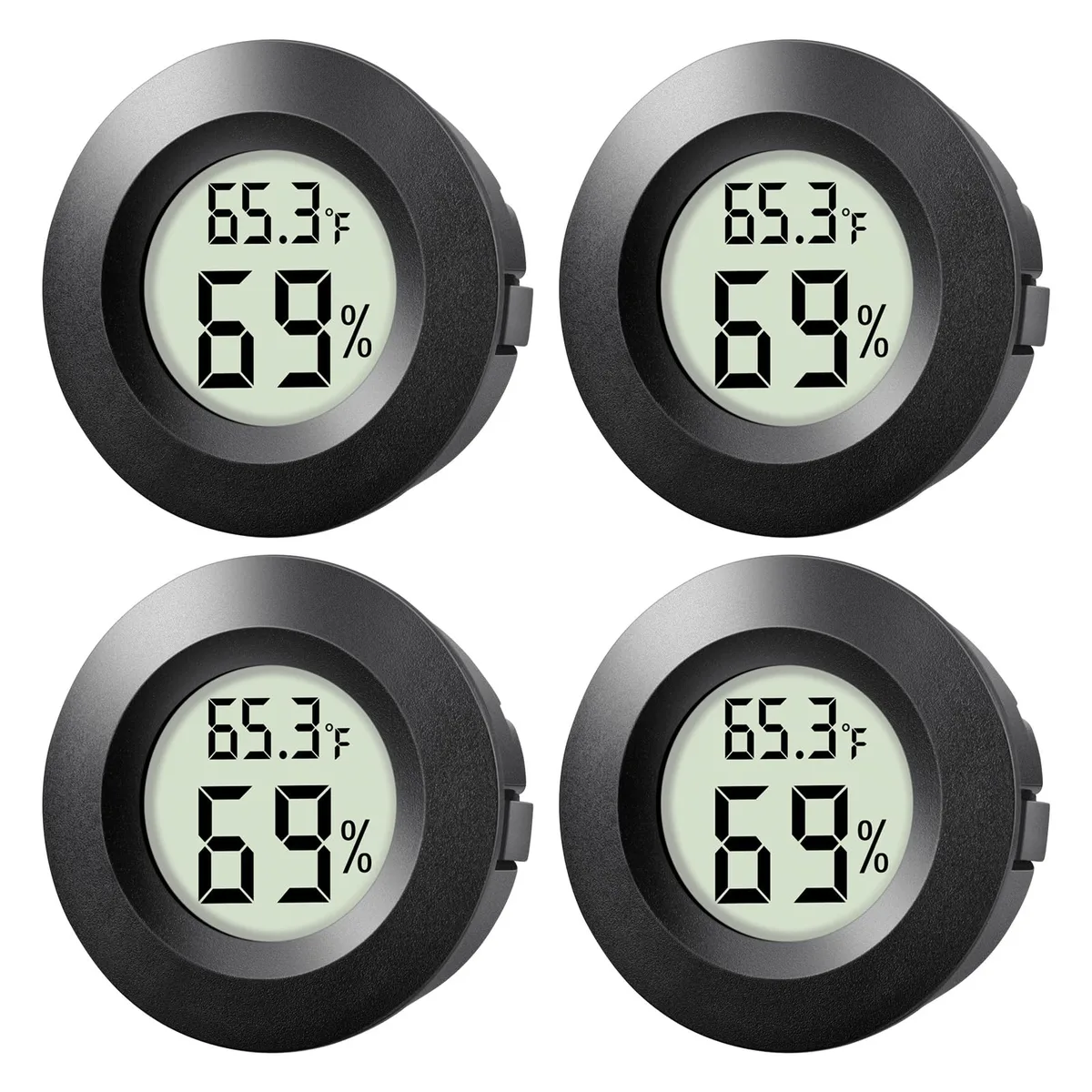 Four small round digital hygrometer thermometers with LCD screens