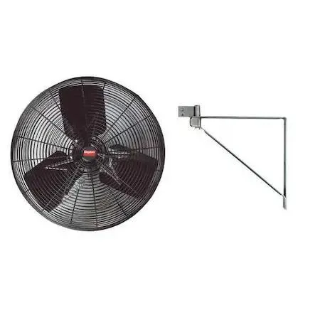 White industrial ceiling fan with four metal blades and a central motor housing, shown mounted overhead