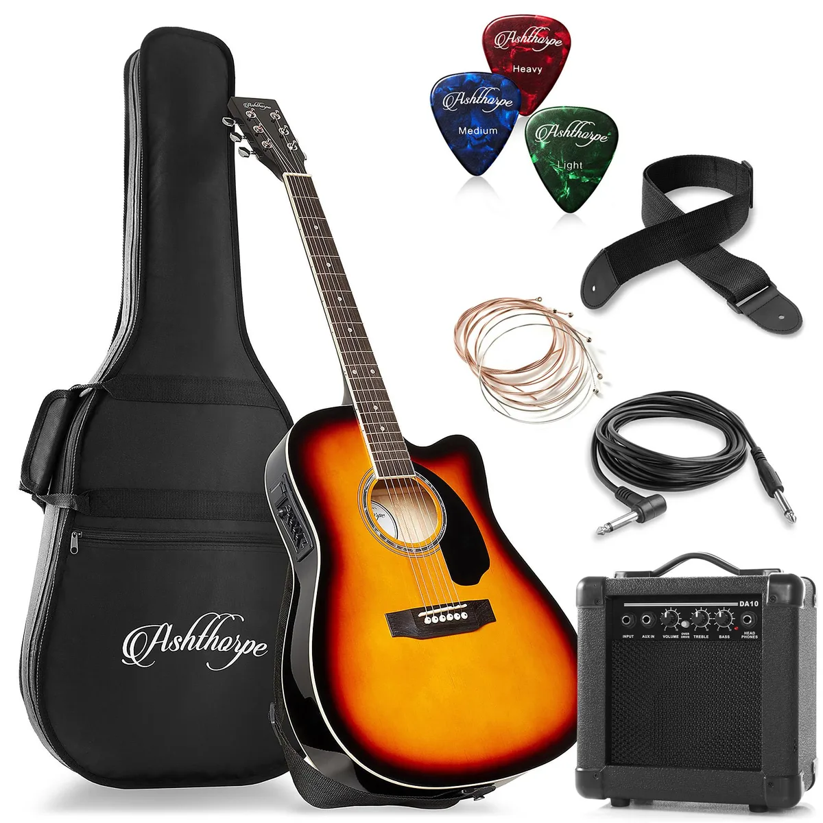 Ashthorpe Ashthorpe 41" Thinline Cutaway Acoustic-Electric Guitar with 10W Amp Sunburst — product photo