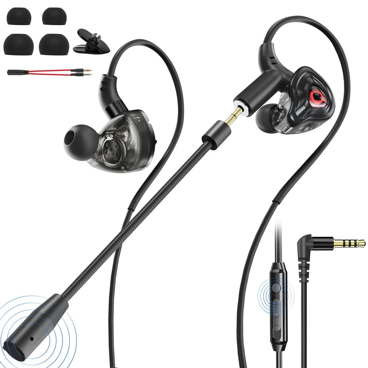 Black in-ear wired earbuds with detachable microphone and inline controls, 1.2m cable, 3.5mm plug
