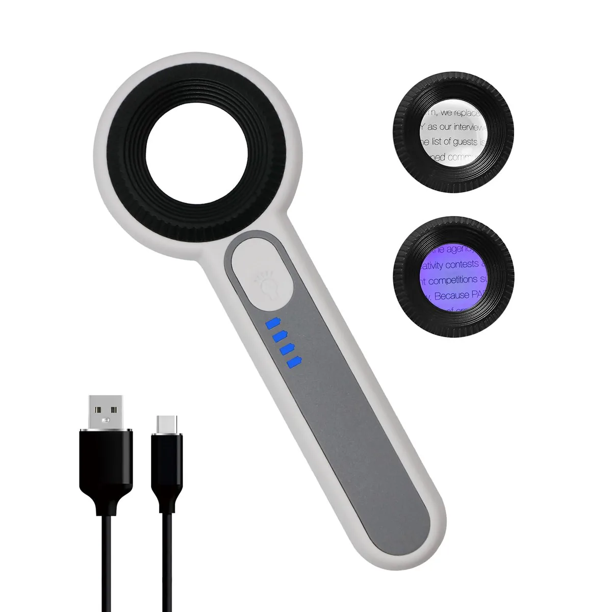 Two white handheld magnifiers with 30mm lenses, LED and UV lights, USB-C charging