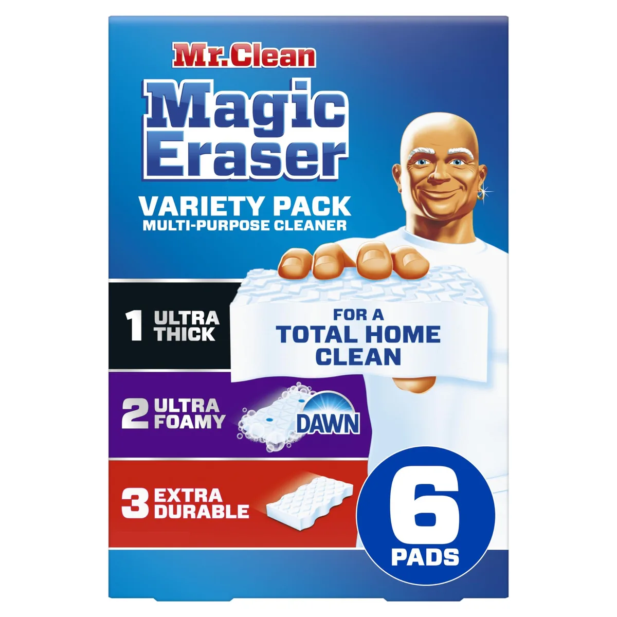 White rectangular box containing six melamine cleaning sponges in three styles