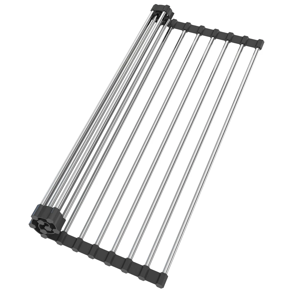 Black stainless steel roll-up rack, 17.5 by 11.8 inches, folds flat