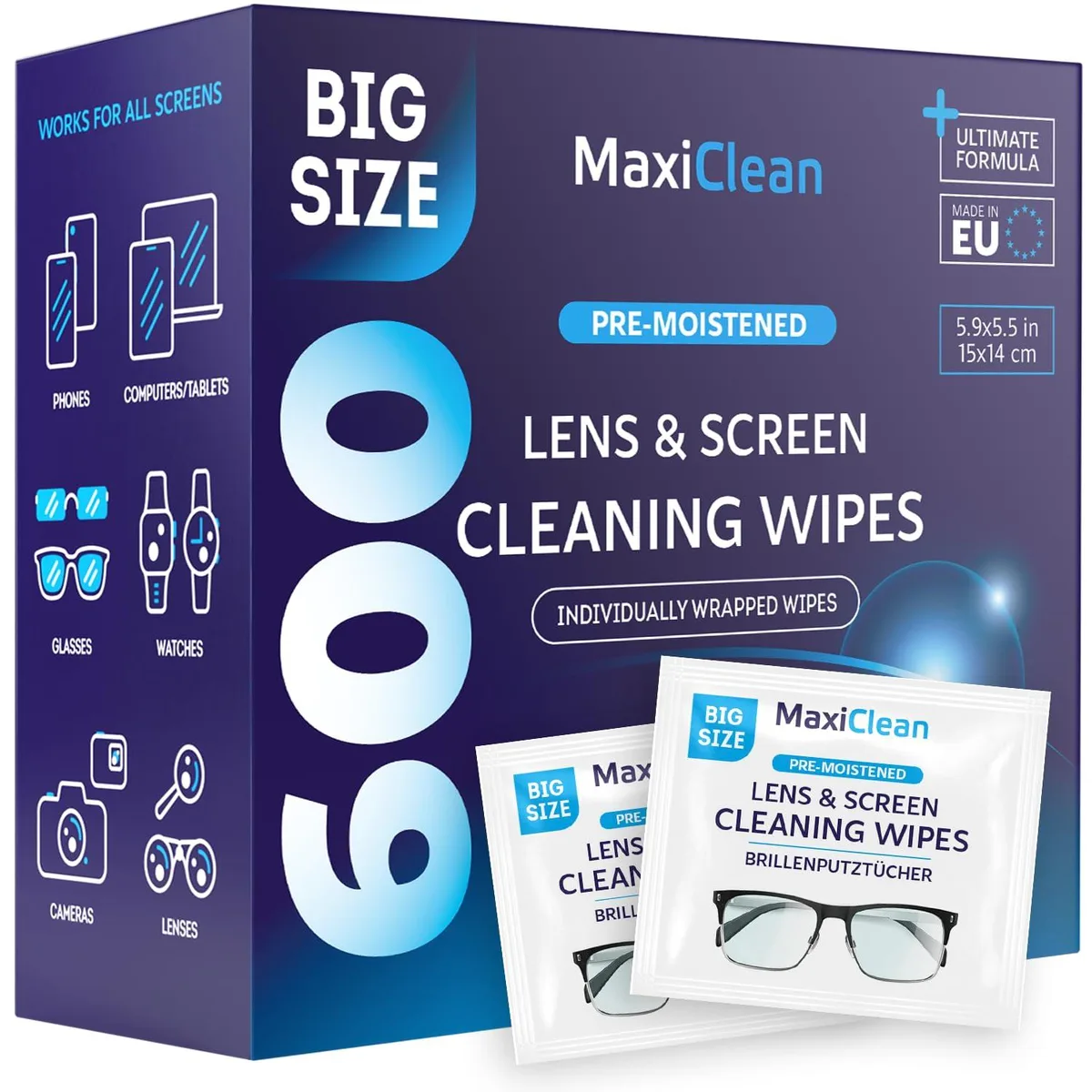 Box of 600 individually wrapped lens wipes, 5.9 by 5.5 inches