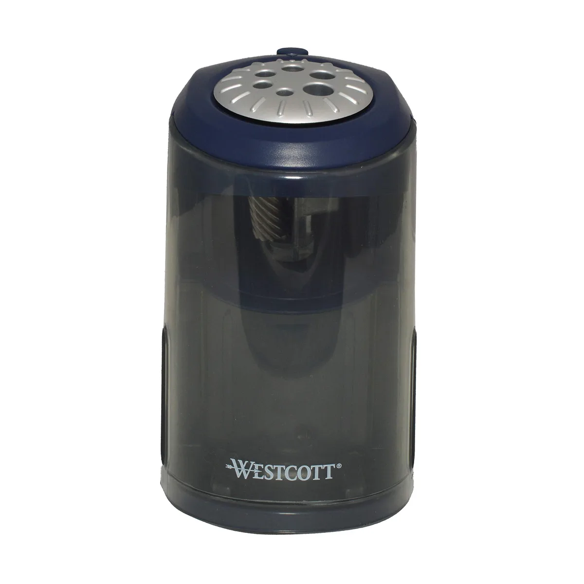 Blue electric pencil sharpener with multi-hole dial and large shavings reservoir