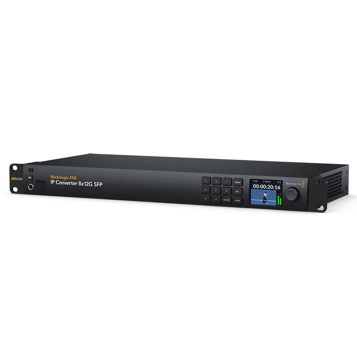 Blackmagic 1RU rack unit with eight SFP ports and 12G-SDI connectors