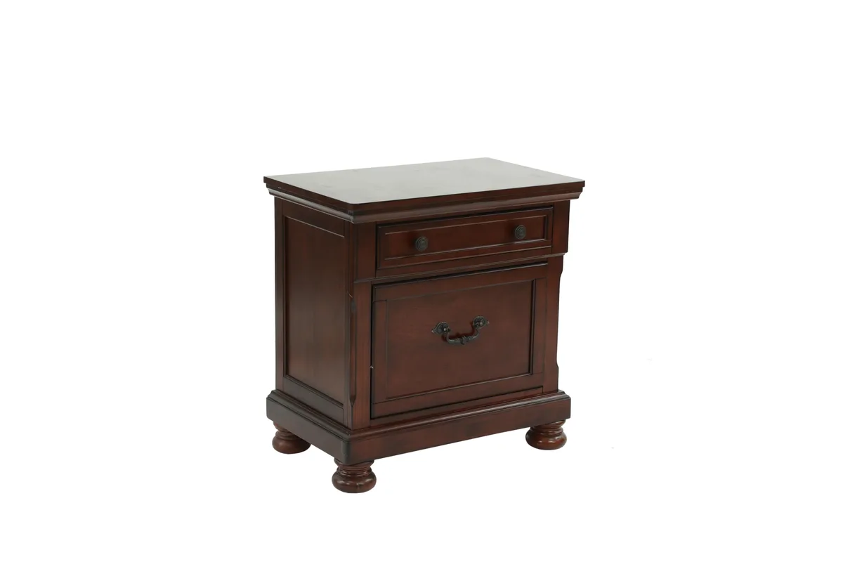 Wood nightstand in antique cherry finish with drawer and lower shelf