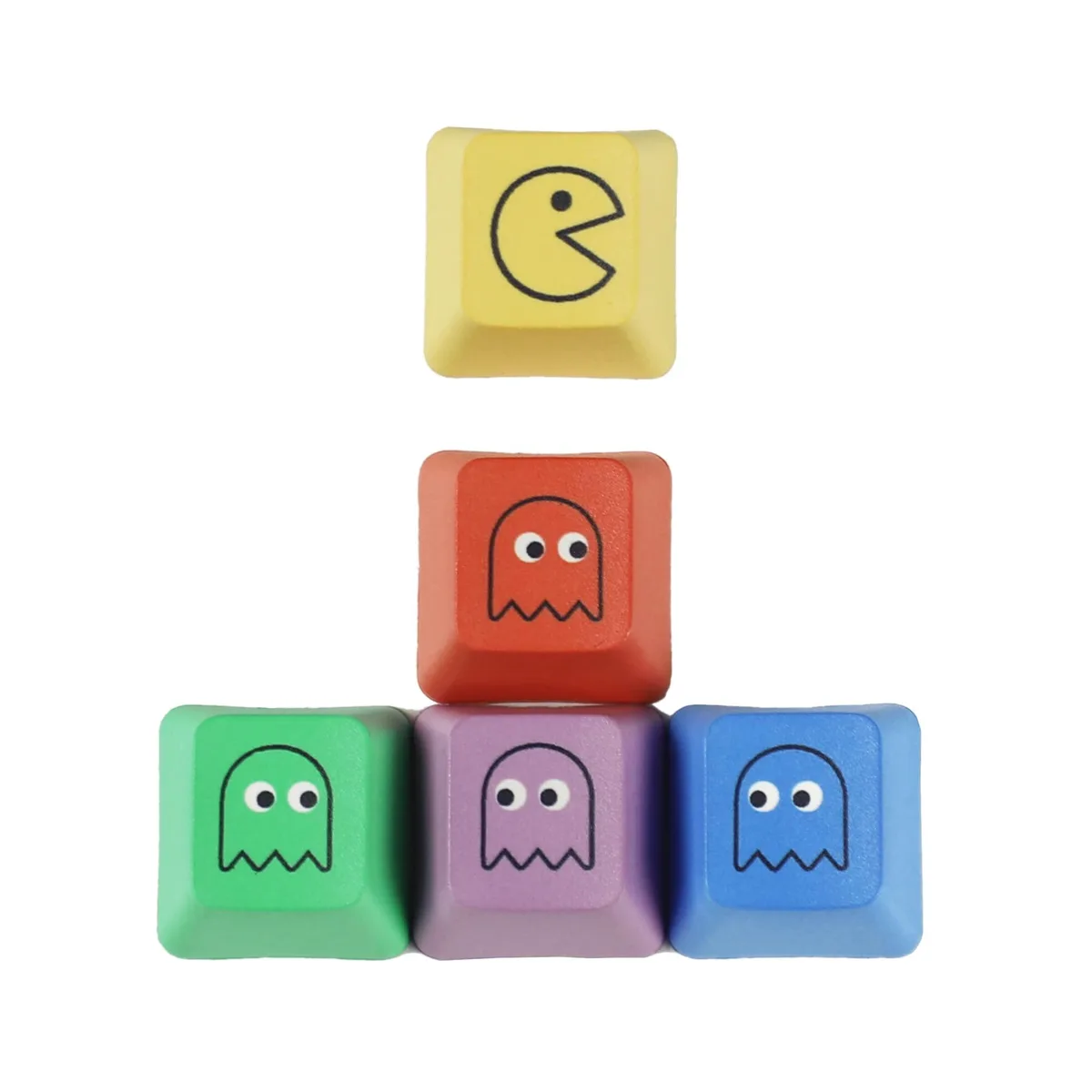 Five multicolour PBT keycaps in OEM profile with Pac-Man characters on yellow and blue purple green red keys