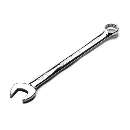 Polished chrome vanadium combination wrench with 12-point box end and canvas roll pouch