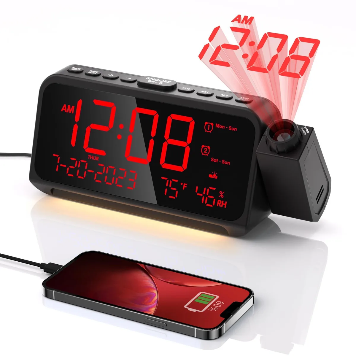 Red projection alarm clock with 5.9-inch LED display and rotatable projector