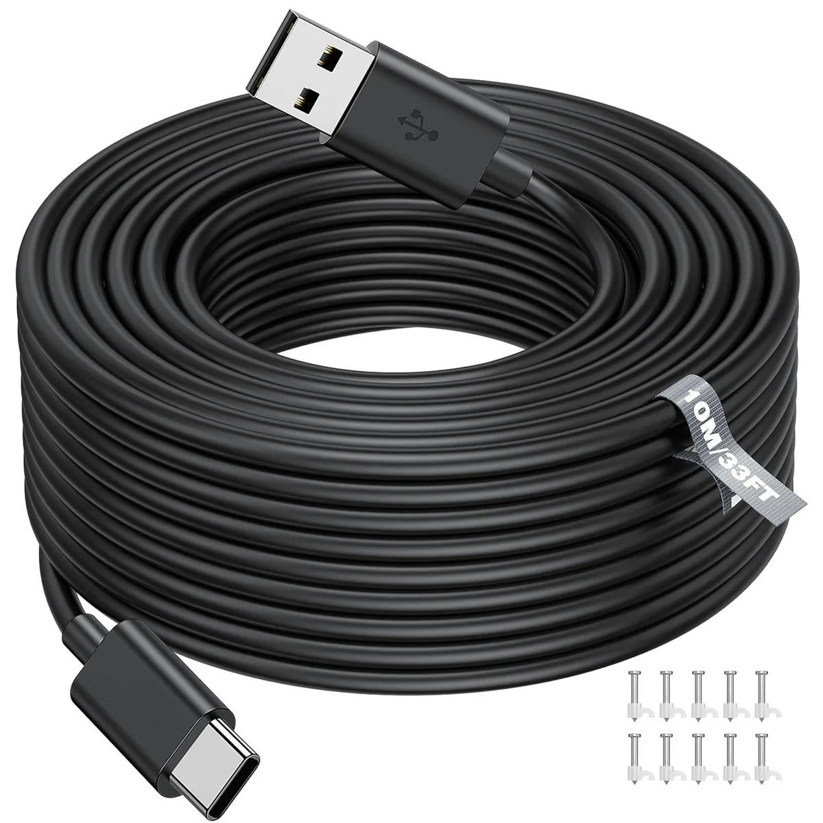  ASKUBSKU 33FT USB-A to USB-C Power Cable for CCTV, 10 Nail Clips, Black — product photo