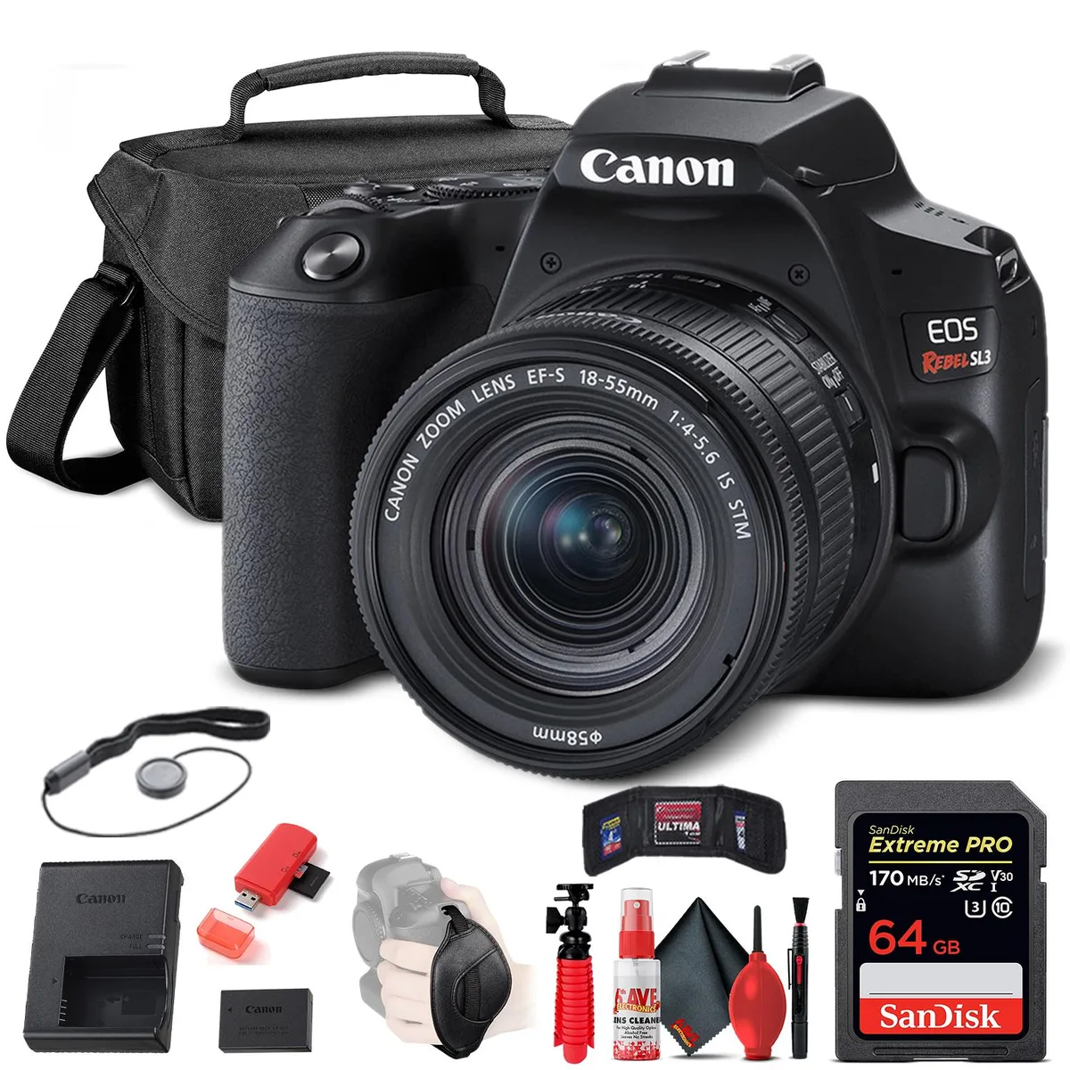 Canon Canon EOS Rebel SL3 dslr camera 18-55mm lens black ultimate filter set bundle — product photo