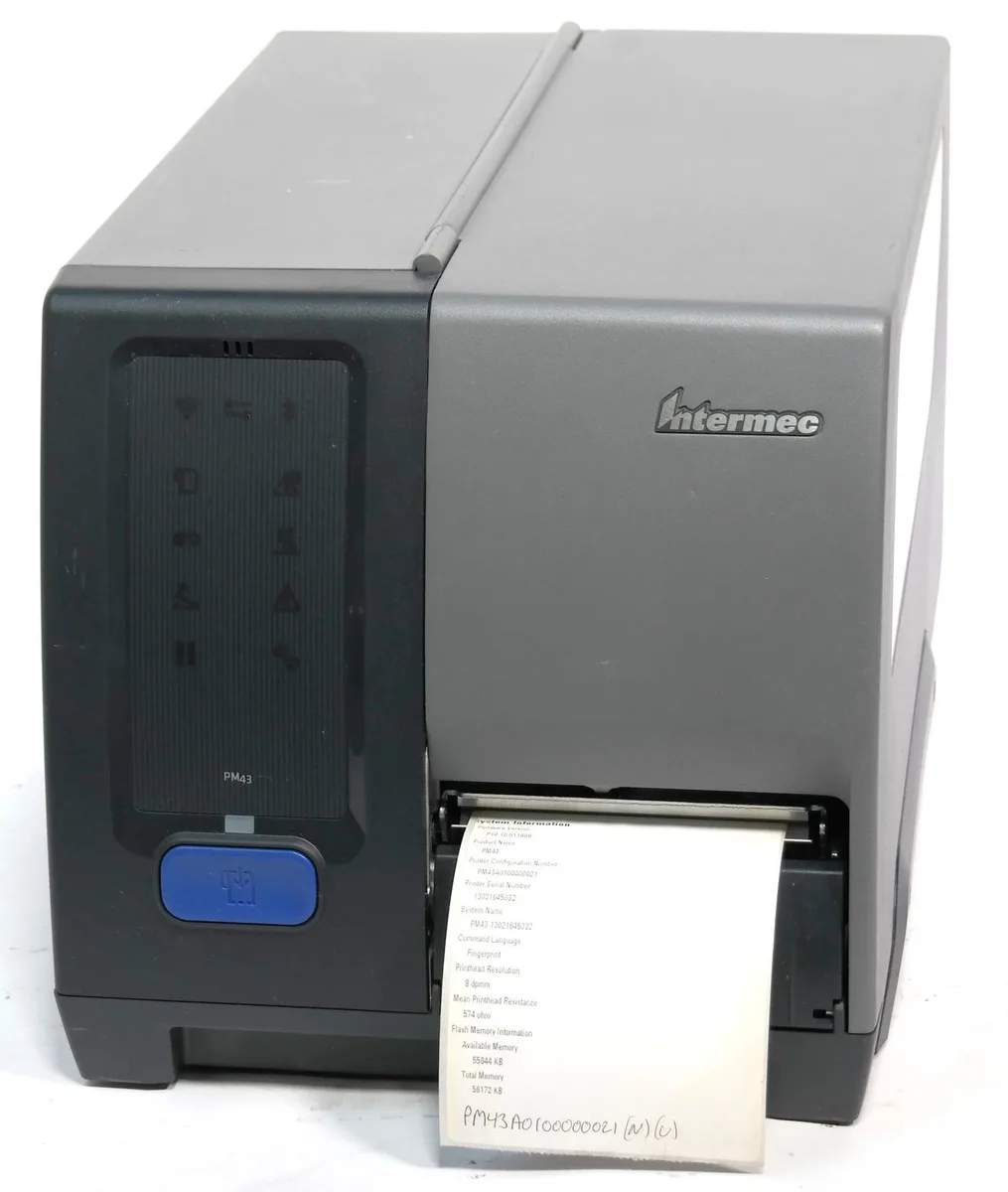 Rectangular industrial barcode printer, matte grey finish, front media window, top control panel