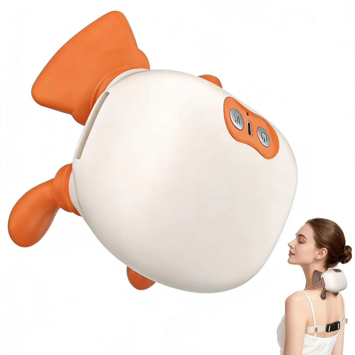 Orange hand-held massager with dual massage heads, compact plastic body
