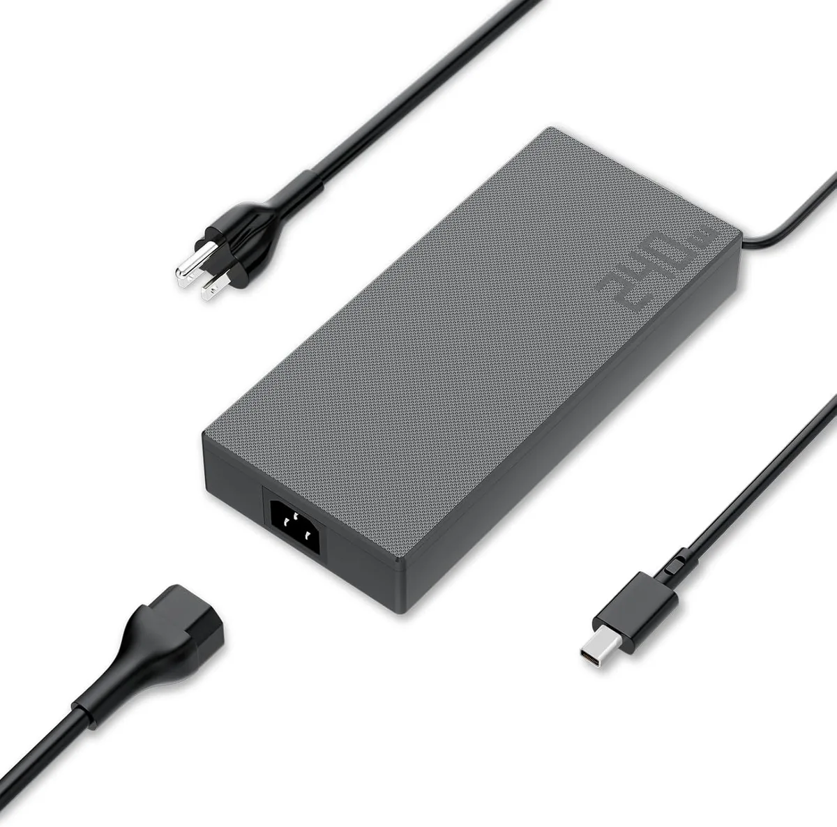 Black rectangular AC adapter with rectangle connector and power cord