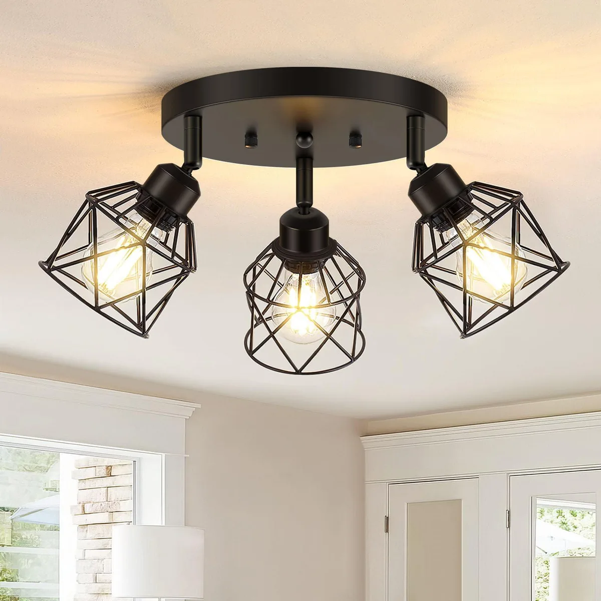 Three-light black metal cage flush mount fixture, 9.85 by 8.4 inches, matte finish