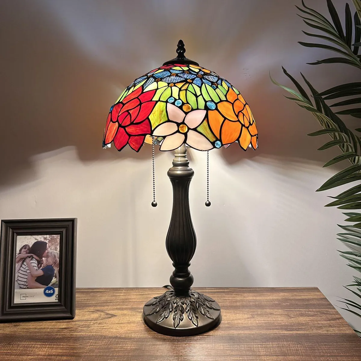 XIN CHENG TIFFANY LIGHTING XIN CHENG TIFFANY LIGHTING Tiffany Table Lamp Stained Glass Rose Flowers 12"W 22"H — product photo