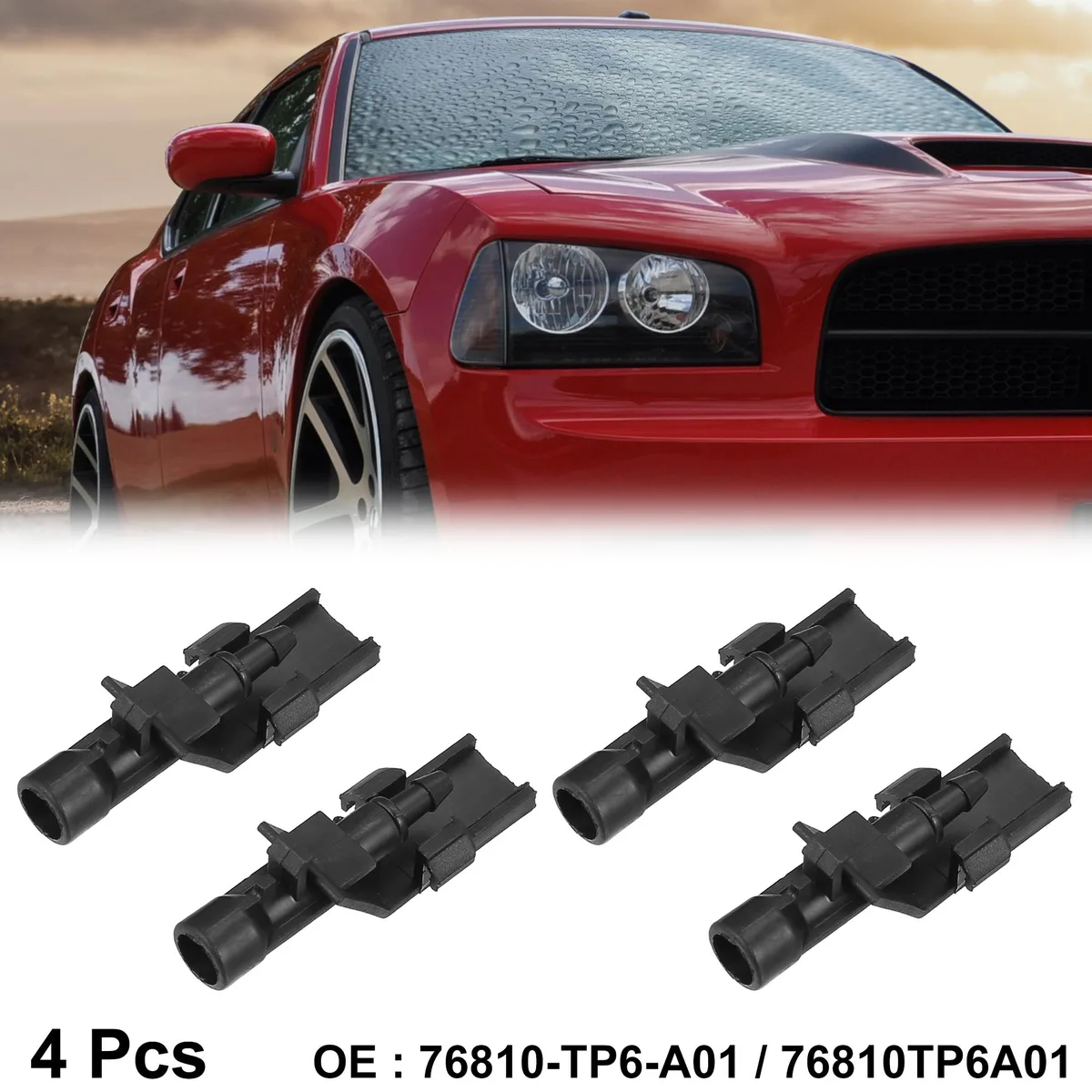 Four black plastic windshield washer nozzles with rubber hose connections