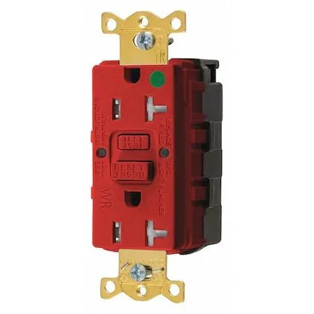 White rectangular GFCI receptacle with test and reset buttons and indicator lights