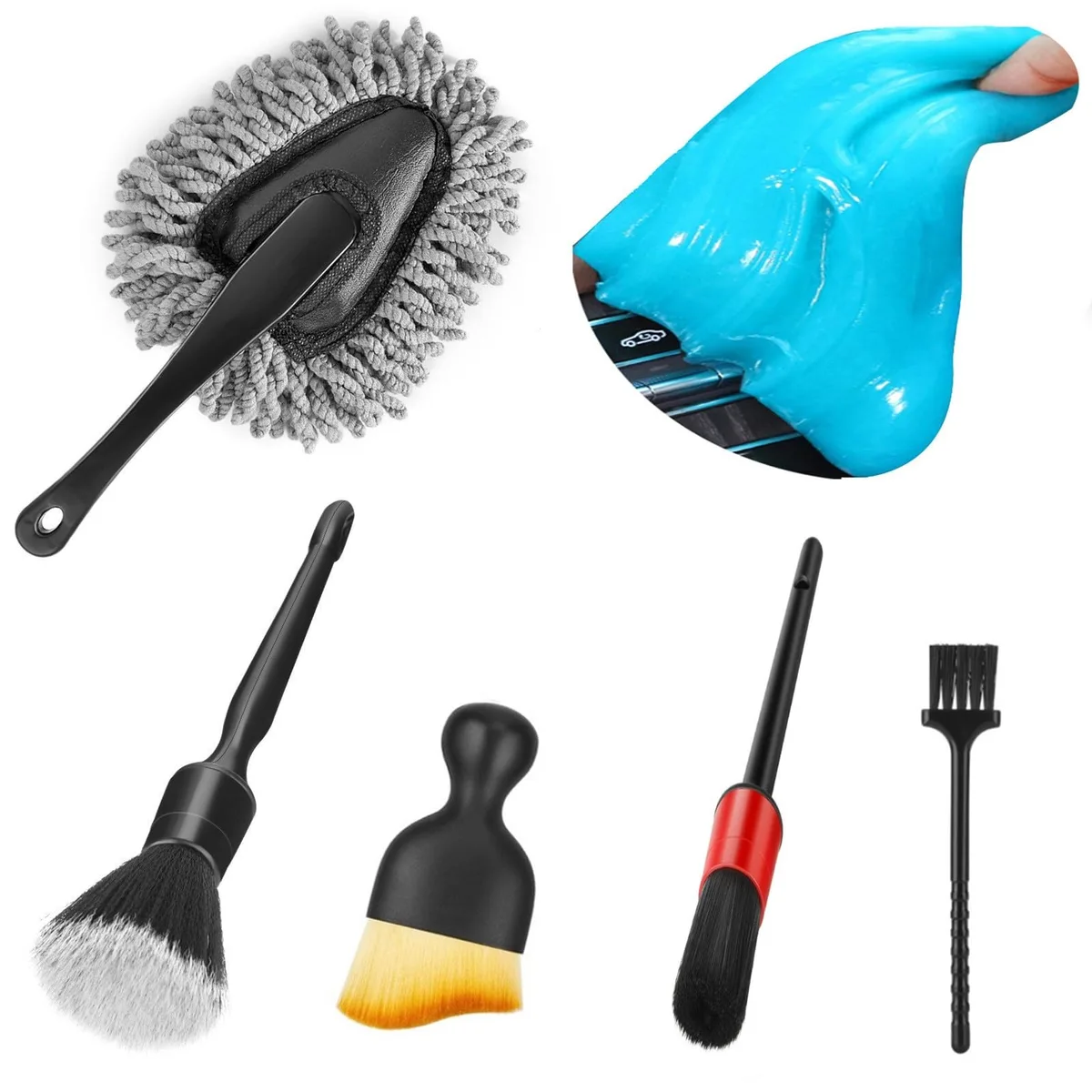 Car interior cleaning kit with microfiber duster, soft brushes and cleaning gel