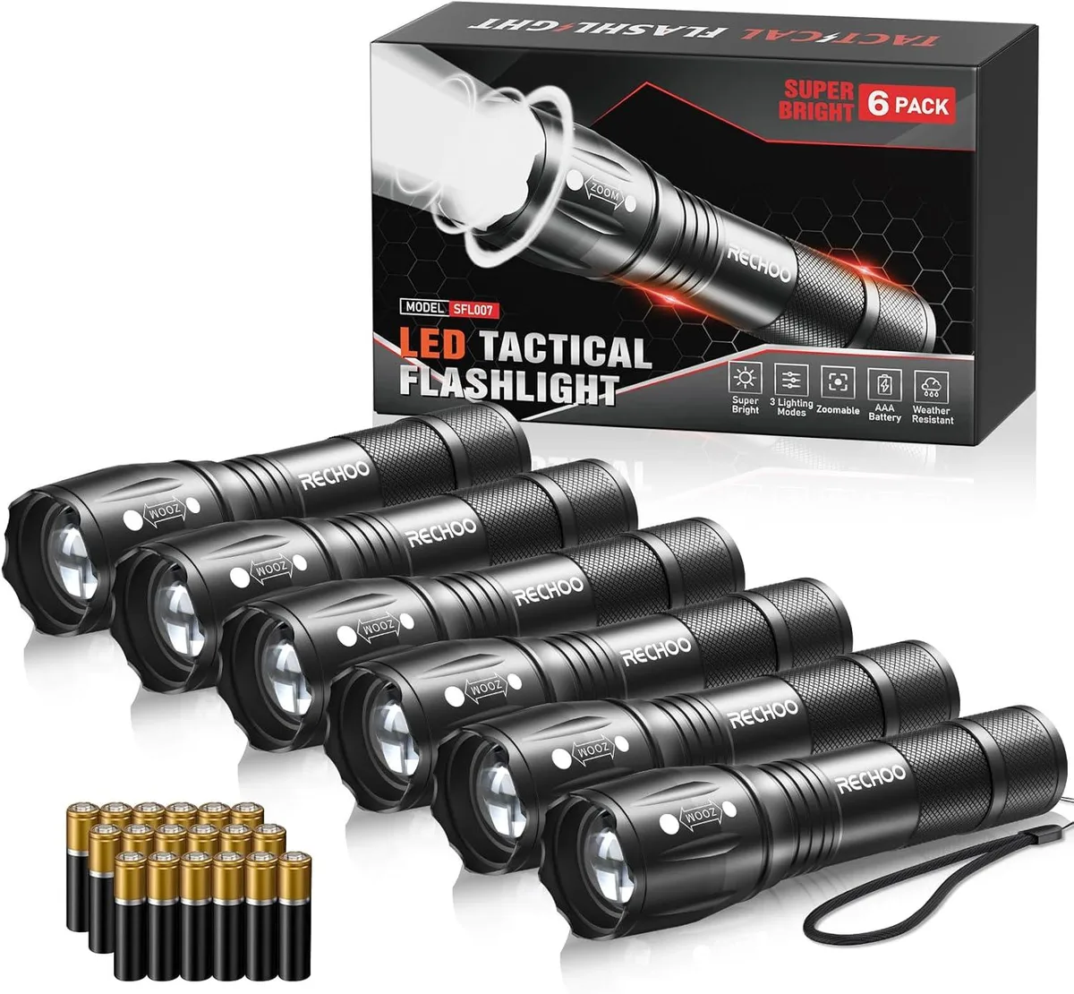 Six small black flashlights with adjustable focus heads