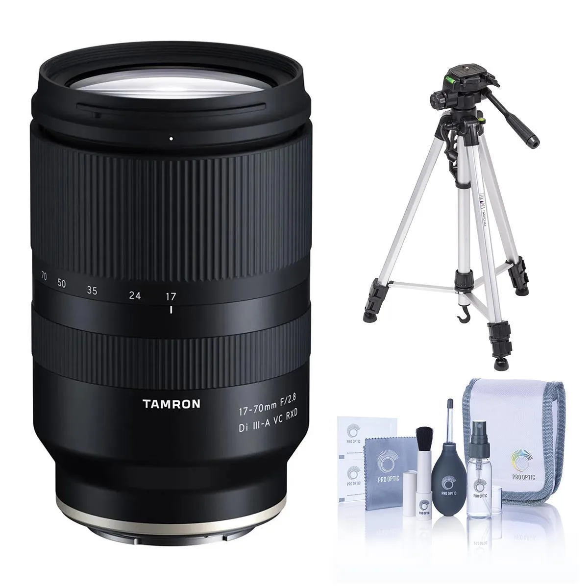 Tamron Tamron 17-70mm f/2.8 Di III-A VC RXD B070 camera lens with tripod and cleaning kit — product photo