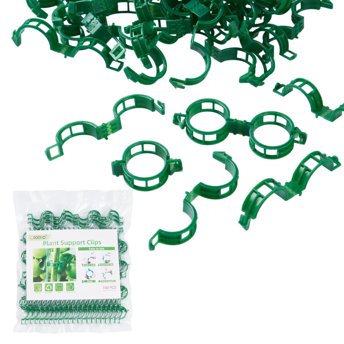 One hundred green plastic plant support clips in a pile
