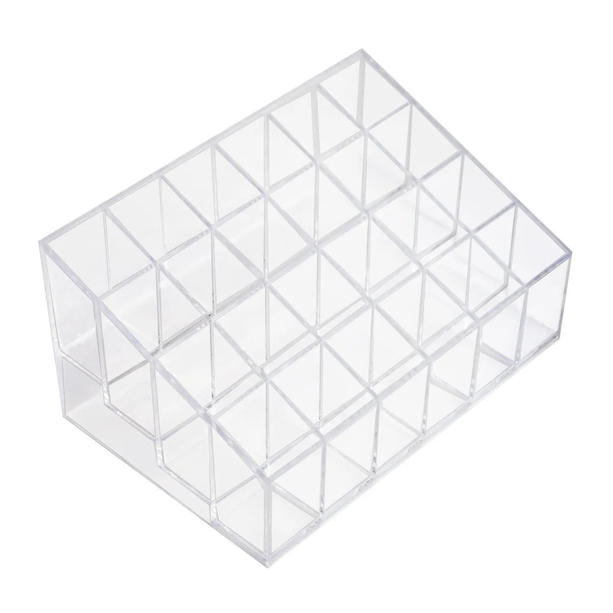 Black transparent cosmetic organiser with 24 square compartments, 14.33in wide