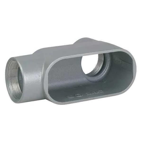 Gray aluminum conduit body with threaded hubs, LB style, powder-coated finish
