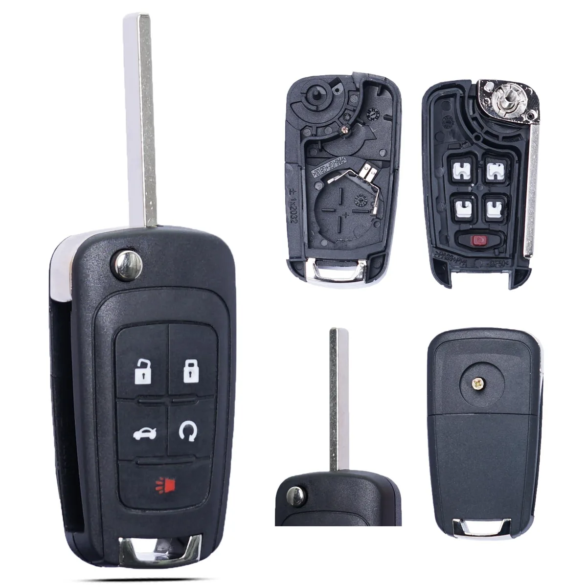 Black flip key fob shell with five buttons and metal key blade