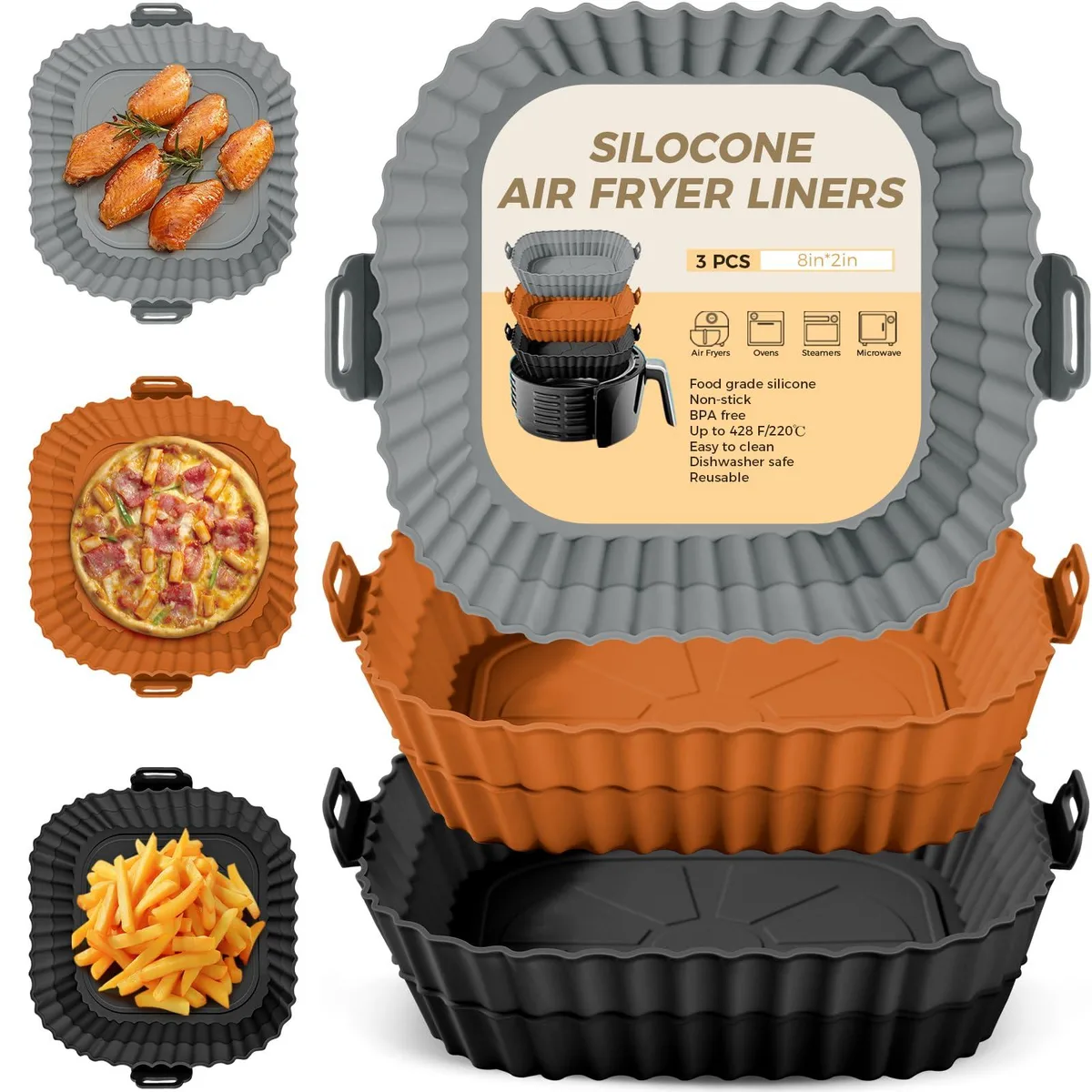 Three square silicone liners in black grey and brown 8inch by 2inch high