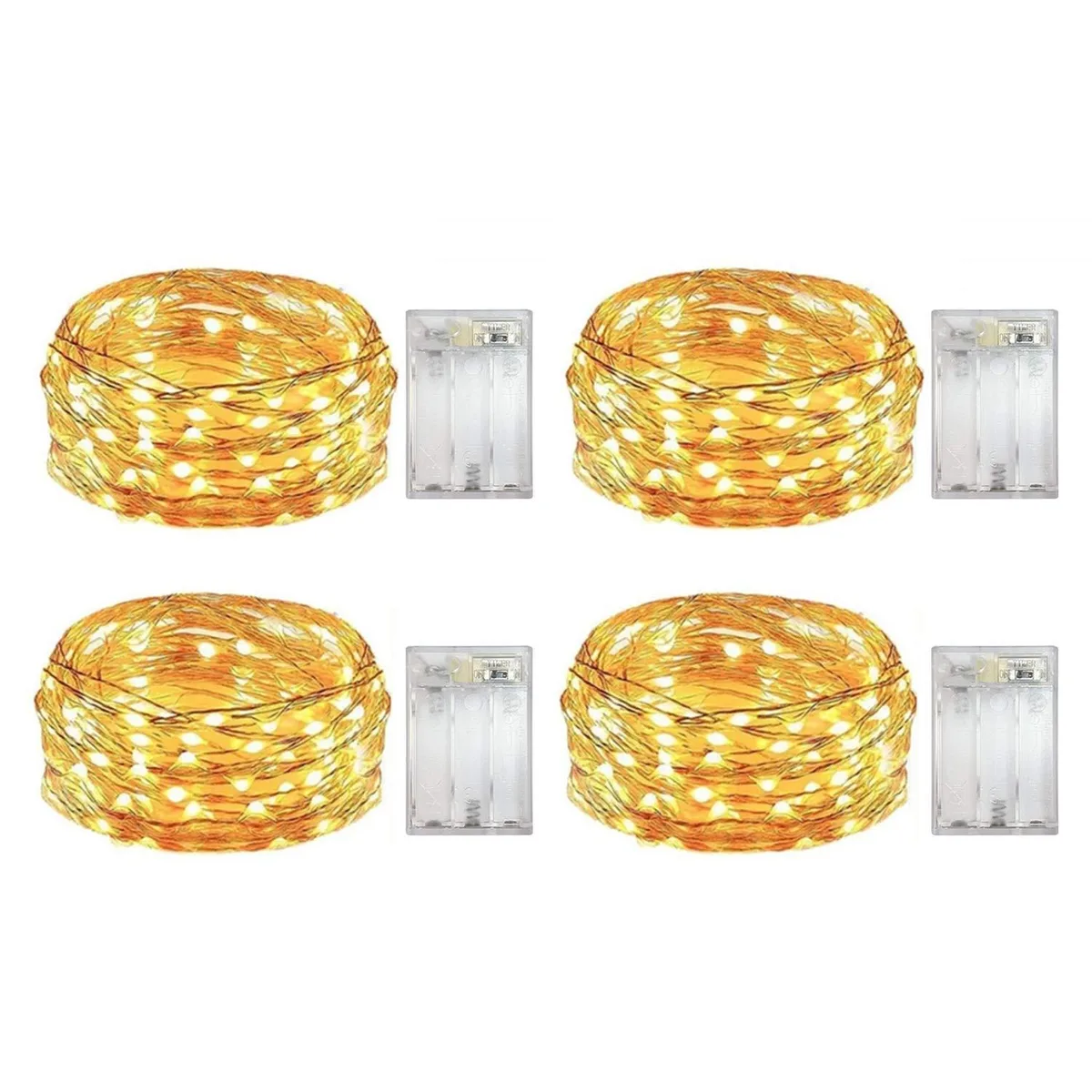Four packs of ten-foot warm-white dewdrop LED strings on silver wire with battery boxes
