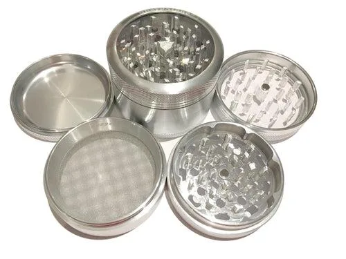 Silver four-piece shredder with clear top, 2.5 inch diameter