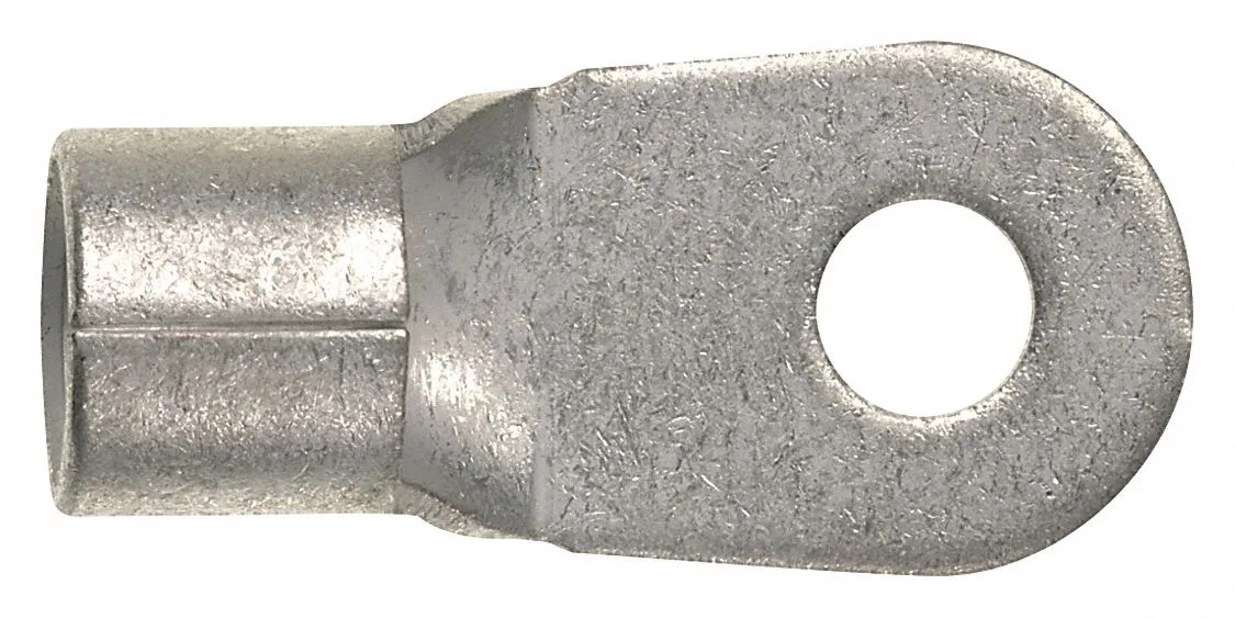Bare copper ring terminal with 3/8 inch stud hole and crimp barrel