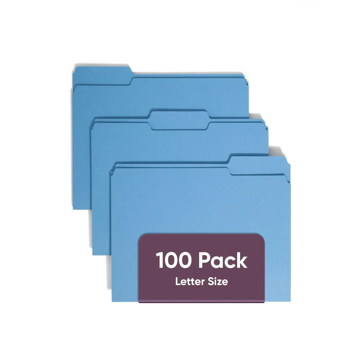 Stack of 100 blue letter-size file folders with 1/3-cut tabs